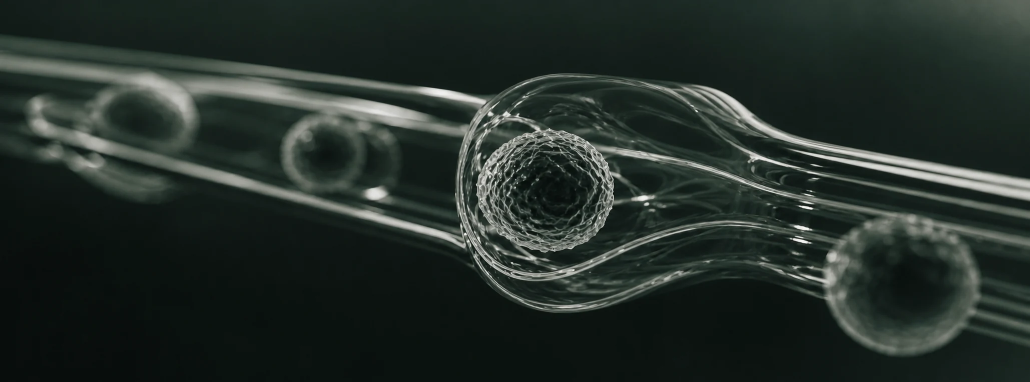 Abstract translucent cell moving through a glass microfluidic channel
